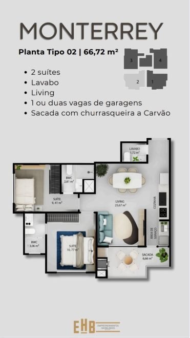 Monterrey – Apartamento com 2 dormitórios (sendo 2 suítes) à venda em Bal. Camboriú – Nações com 61 m²